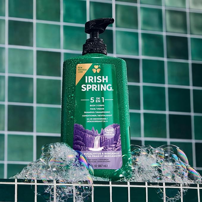 Irish Spring 5 in 1 Body Wash for Men, Men's Body Wash, Smell Fresh and Clean for 24 Hours, Conditions and Cleans Body, Face, and Hair, Made with Biodegradable Ingredients, 30 Oz Pump