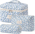 HBselect Quilted Makeup Bag, 3PCS Cotton Large Travel Makeup Bag, Cute Floral Coquette Make up Bag Cosmetic Bag Toiletry Bag for Women Girls