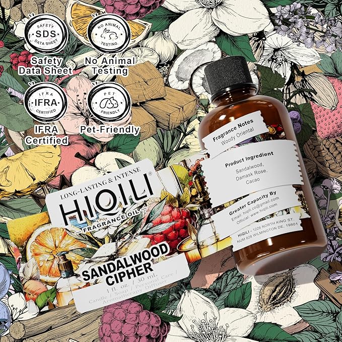 HIQILI Sandalwood Cipher Fragrance Oil for Diffuser, Candle & Soap, Perfume & Body Oil Making- Have Gourmand Notes, Long-Lasting - 1 Fl Oz