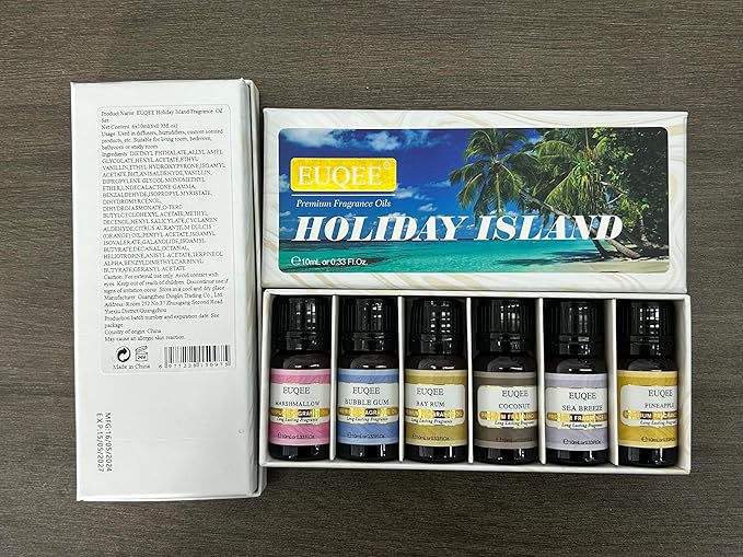 EUQEE Summer Fragrance Oil Gift Set of 6，Holiday Island Essential Oils Set for Humidifier, Aromarathepy-Pineapple, Coconut, Sea Breeze, Bubble Gum, Bay Rum, Marshmallow(10ml)