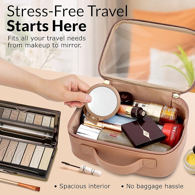 Cosmetic Bag Set - Premium Quality Travel Makeup Bag w/Clear Transparent Front, Best Gift for Travel - 3pcs Gift Set, Large & Small Makeup Bags & Portable Mirror in a Beautiful Gift Box (Nude)