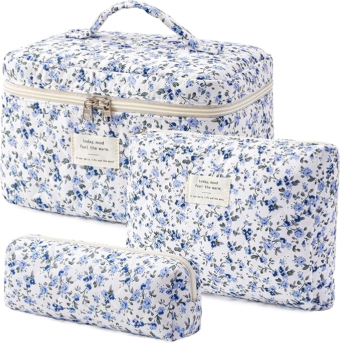 HBselect Quilted Makeup Bag, 3PCS Cotton Large Travel Makeup Bag, Cute Floral Coquette Make up Bag Cosmetic Bag Toiletry Bag for Women Girls