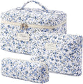 HBselect Quilted Makeup Bag, 3PCS Cotton Large Travel Makeup Bag, Cute Floral Coquette Make up Bag Cosmetic Bag Toiletry Bag for Women Girls