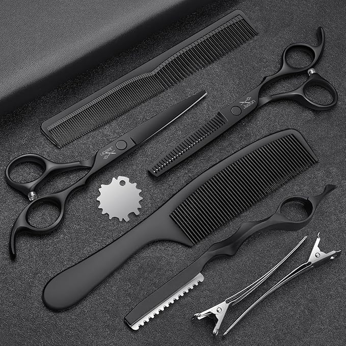 JASON Hair Cutting Scissors Set - Professional 10 PCS Haircut Scissors kit, Thinning Blender Scissors, Straight Shears with 30 Teeth for Men Women Home Salon Barber (6.5", Black) Christmas Gift