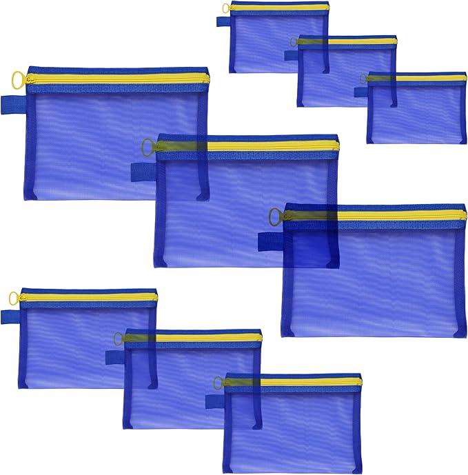 Quotidian Flat Clear Mesh Makeup Storage Pouch Blue Toiletry Bag Travel Organizer 3-Size Pack of 9 - Camping Holiday Work School Supplies