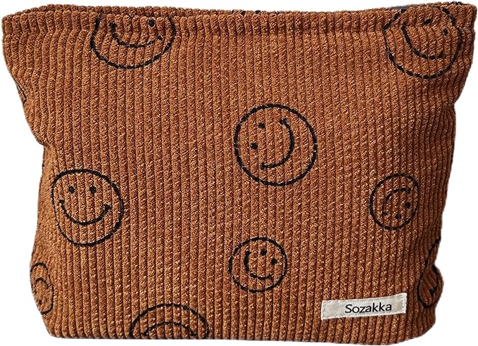 Cosmetic Bags for Women - Corduroy Cosmetic Bag Aesthetic Women Handbags Purses Smile Dots Makeup Organizer Storage Makeup Bag Girls Case Bags (A-Brown)