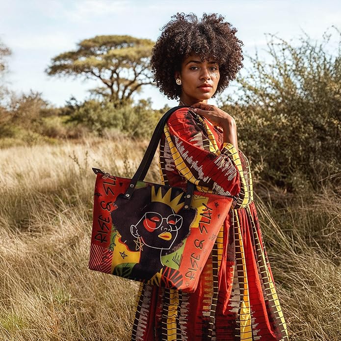 African Black Women's Leather Tote Bag, Large, Premium Vegan Leather, Full Zip, Perfect Christmas Gifts For Women