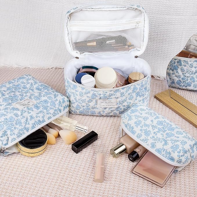 Quilted Makeup Bag Set, 3pc Large Floral Cosmetic Bag for Women, Cute Cotton Makeup Bags, Flower Travel Toiletry Organizer Bag (White Pink Small Bow)