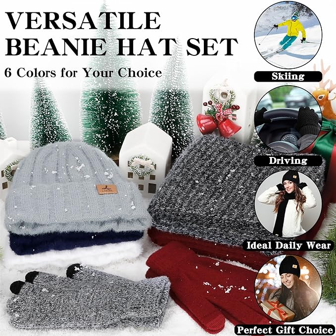 Winter Beanie Hat Scarf Gloves, Warm Fleece Knit Hat Long Scarf Neck Warmer Touch Screen Winter Gloves Set Gifts for Women