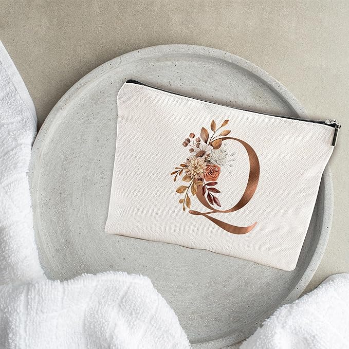 A-Z Boho Personalized Cosmetic Bag-Floral Cotton Letter Makeup Bag With Zipper-Artistic Cosmetic Bag For Travel-Bride,Birthday Gift For Women Daughter Friends-Women Makeup Organizer-A17