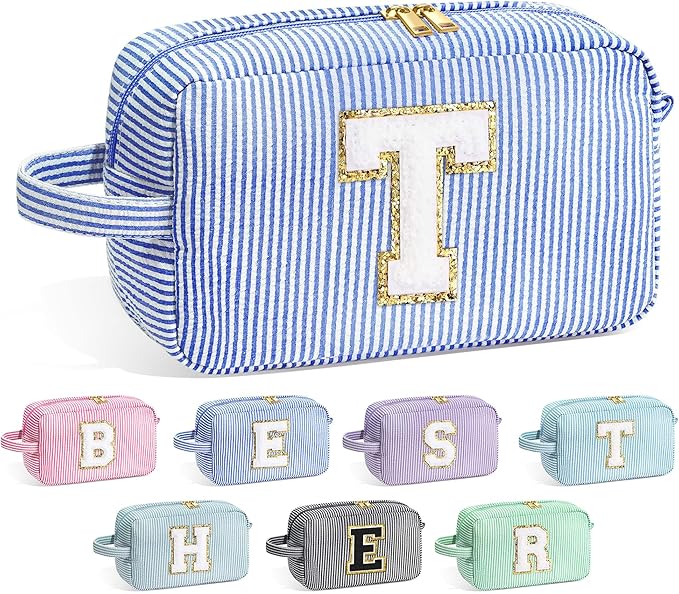YOOLIFE Teacher Appreciation Gifts for Women - Personalized Birthday Gifts Idea for Women Teacher Best Friend Mom Bridesmaid, Large Initial Blue Makeup Bag, Cosmetic Toiletry Bag Case Make Up Pouch T