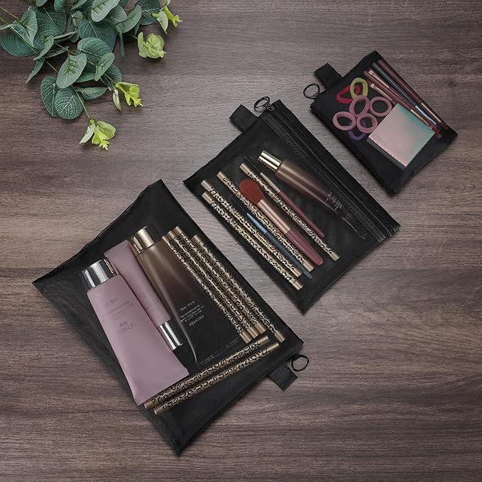 Quotidian Flat Clear Mesh Pencil Pouch Black Makeup Bag with Zipper Cosmetic Organizer 3-Size Pack of 9 - Travel Daily Use Home Storage Office