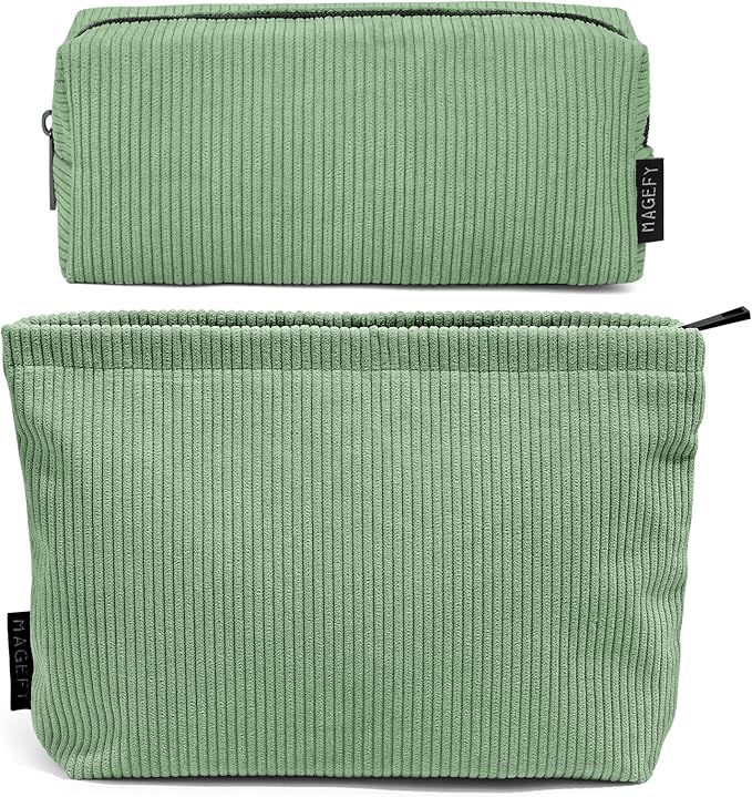 MAGEFY Makeup Bag 2 PCS Corduroy Make up Bag for Purse Travel Cosmetic Bag for Women Small Makeup Pouch Cute Makeup Brush Bag Preppy Stuff Travel Essentials - Green