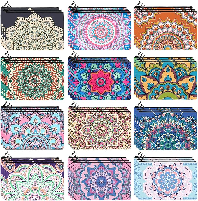 Hillban 36 Pcs Mandala Makeup Bags Bohemian Cosmetic Bags for Women Mandala Flowers Travel Toiletry Pouch with Zipper Portable Organizer Pouch for Cosmetics Makeup Brushes, 12 Styles