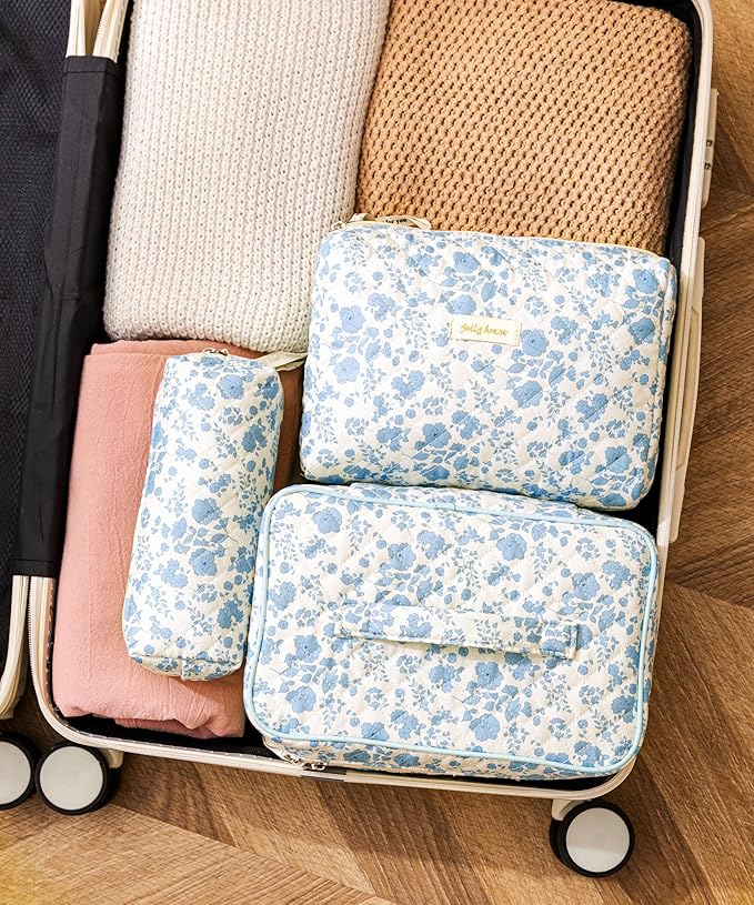 HBselect Quilted Makeup Bag, 3PCS Cotton Large Travel Makeup Bag, Cute Floral Coquette Make up Bag Cosmetic Bag Toiletry Bag for Women Girls