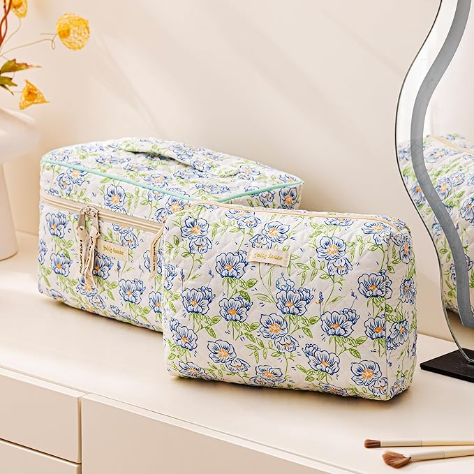 HBselect Quilted Makeup Bag, 3PCS Cotton Large Travel Makeup Bag, Cute Floral Coquette Make up Bag Cosmetic Bag Toiletry Bag for Women Girls