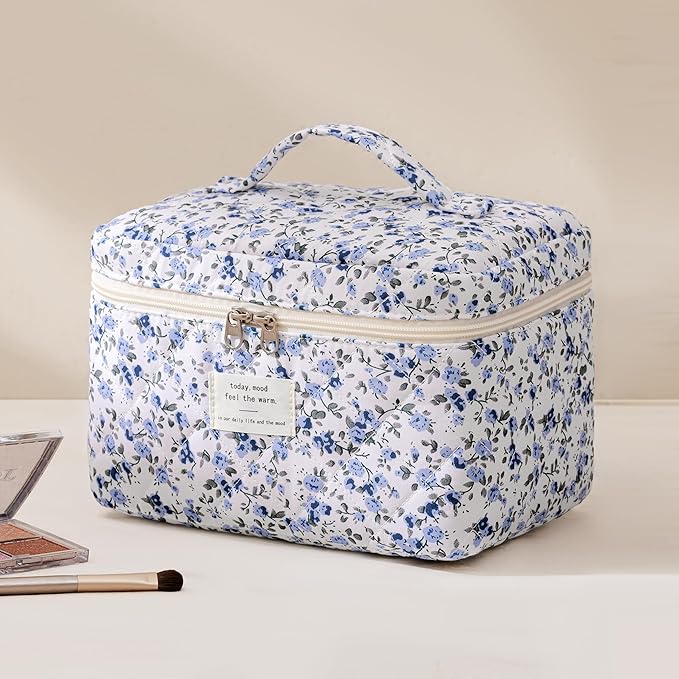 HBselect Quilted Makeup Bag, 3PCS Cotton Large Travel Makeup Bag, Cute Floral Coquette Make up Bag Cosmetic Bag Toiletry Bag for Women Girls
