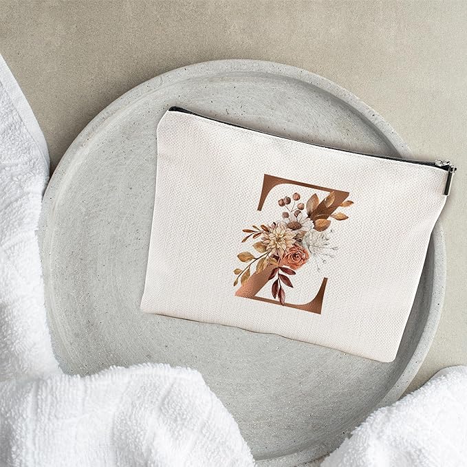 A-Z Boho Personalized Cosmetic Bag-Floral Cotton Letter Makeup Bag With Zipper-Artistic Cosmetic Bag For Travel-Bride,Birthday Gift For Women Daughter Friends-Women Makeup Organizer-A26