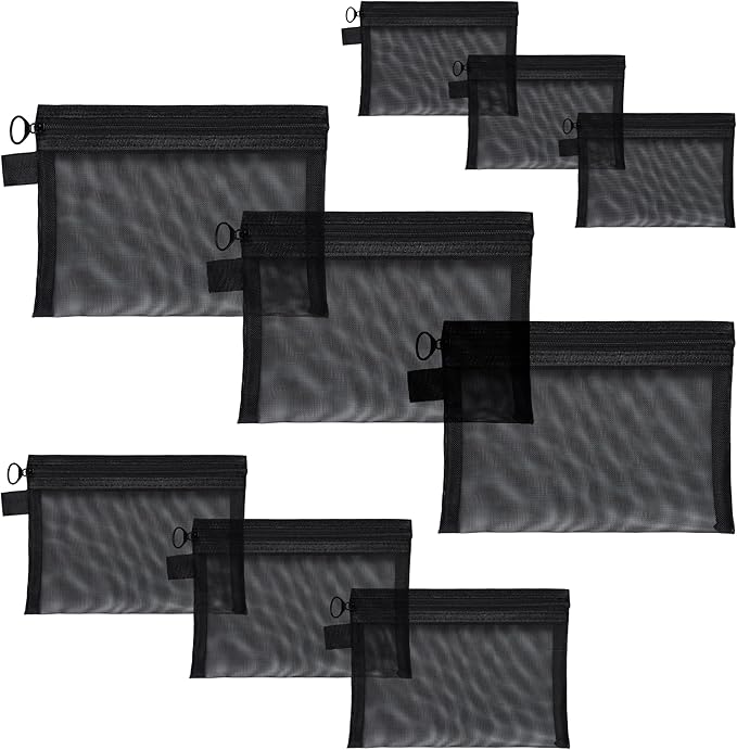Quotidian Flat Clear Mesh Pencil Pouch Black Makeup Bag with Zipper Cosmetic Organizer 3-Size Pack of 9 - Travel Daily Use Home Storage Office