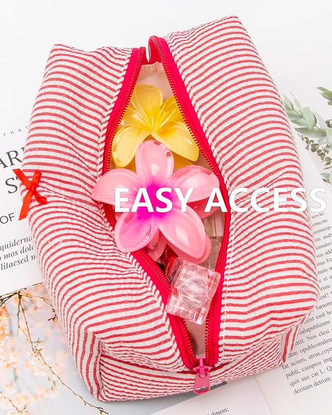 PAZIMIIK Cozy Makeup Bag Small Aesthetic Travel Zipper Cosmetic Pouch for Women Make Up Beauty Accessories Brushes, Stripe Red