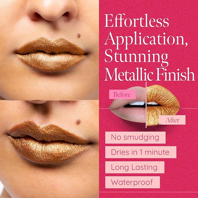 Aromi Gold Metallic Liquid Lipstick | Yellow Bronze Lip Color with Shimmery Finish, Vegan and Cruelty-free, Smudge Proof, Long-lasting, Handmade (Gold Digger)