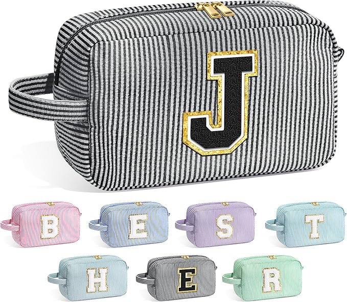 YOOLIFE Initial Makeup Bag Cosmetic Bag for Teen Girls Women - Birthday Gifts for Teen Girls Women, Toiletry Pouch Black J