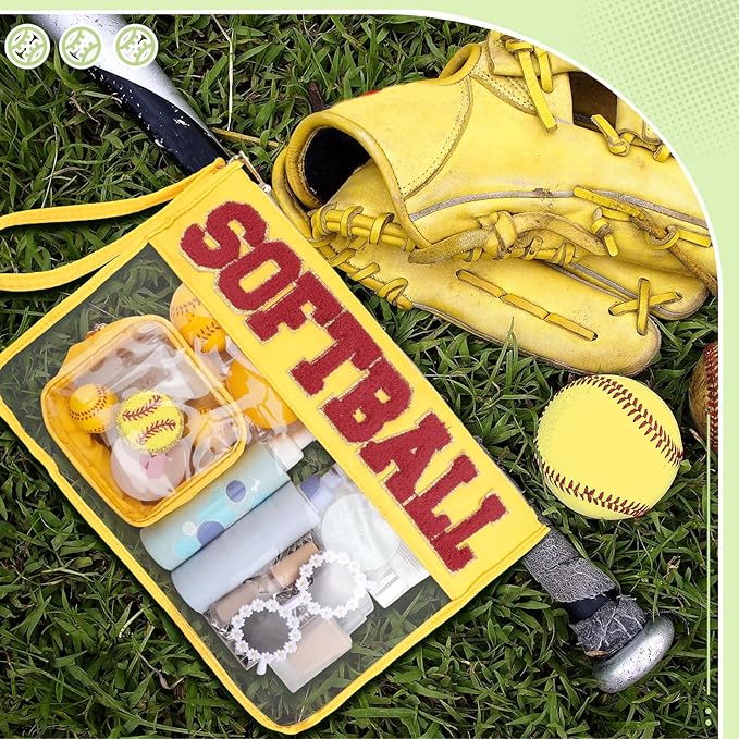 Hillban 2 Pcs Softball Gifts for Girls Snack Goodie Bags Stuff Softball Accessories for Women Makeup Cosmetic Bags Toiletry Zipper Clear Pouch Chenille Letter Travel Purse Sport Party Storage Case