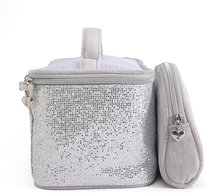 Juicy Couture Silver Makeup Bag Cosmetics Organizer Travel Essentials Train Case Coin Purse Glitter Rhinestone Velour