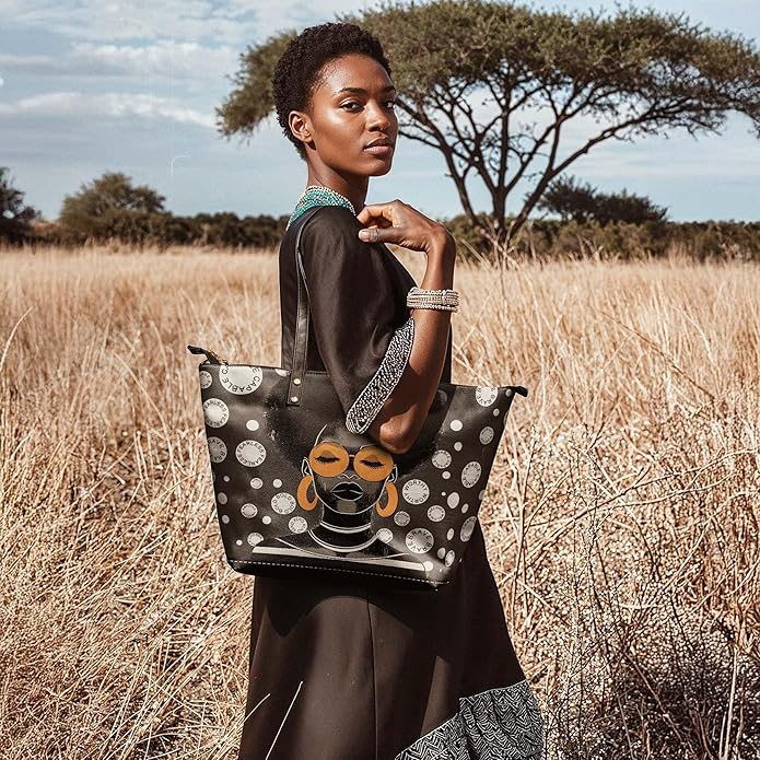 African Black Women's Leather Tote Bag, Large, Premium Vegan Leather, Full Zip, Perfect Christmas Gifts For Women