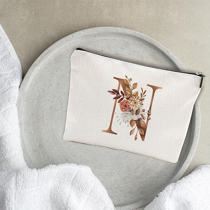 A-Z Boho Personalized Cosmetic Bag-Floral Cotton Letter Makeup Bag With Zipper-Artistic Cosmetic Bag For Travel-Bride,Birthday Gift For Women Daughter Friends-Women Makeup Organizer-A14
