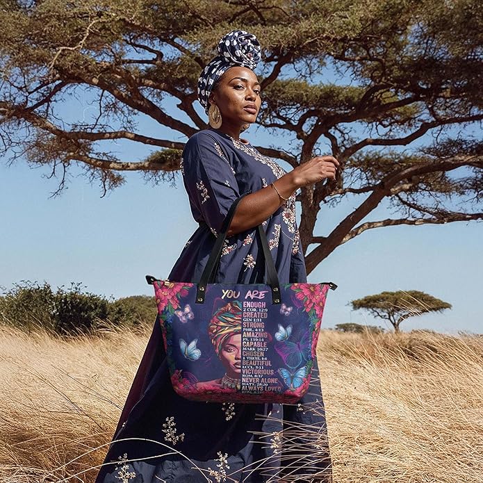 African Black Women's Leather Tote Bag, Large, Premium Vegan Leather, Full Zip, Perfect Christmas Gifts For Women