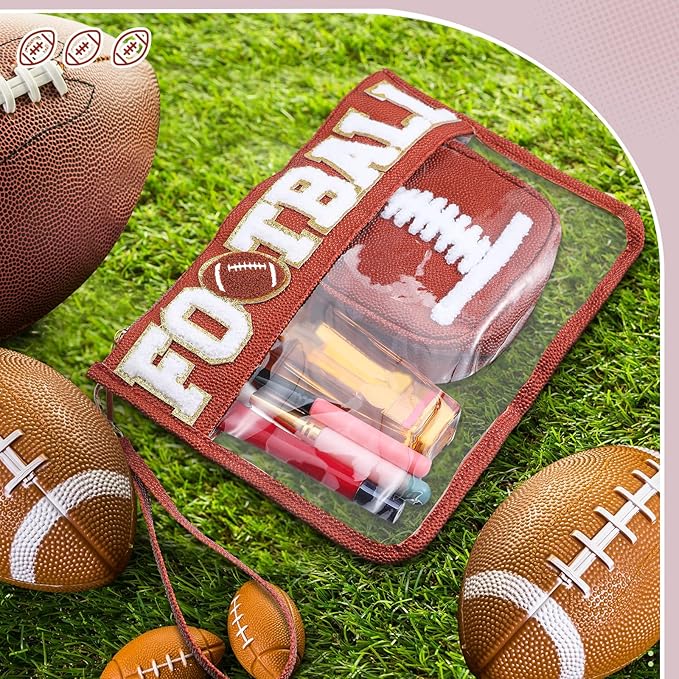 Hillban 2 Pcs Football Girl Gifts Makeup Cosmetic Bags Toiletry Pouch Sports Goody Bags Chenille Letter Clear Zipper Pouch Football Accessories for Women Travel Stuff Portable Storage Case