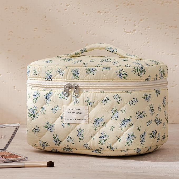 HBselect Quilted Makeup Bag, 3PCS Cotton Large Travel Makeup Bag, Cute Floral Coquette Make up Bag Cosmetic Bag Toiletry Bag for Women Girls