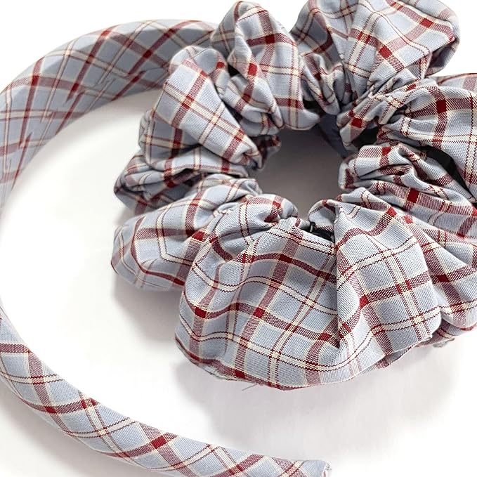 Headband and Scrunchie Set for Women 2Pack Hair Ties for Girls Elastics Bands Ponytail Holder Hair Accessories Red Lattice