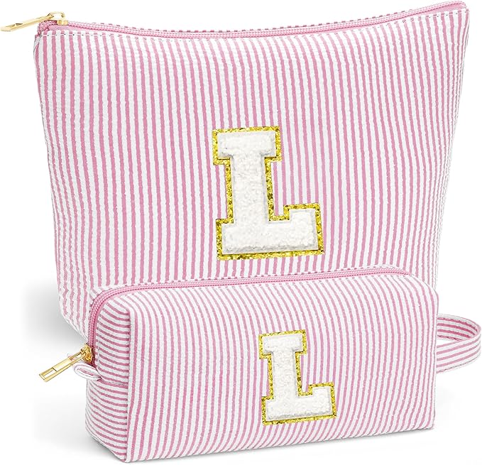Initial Makeup Bag Set - Cute Pink Stuff for Women, Makeup Pouch Cosmetic Bag, Travel Essentials Toiletry Bag, Birthday Christmas Gifts for Women, Light Pink L