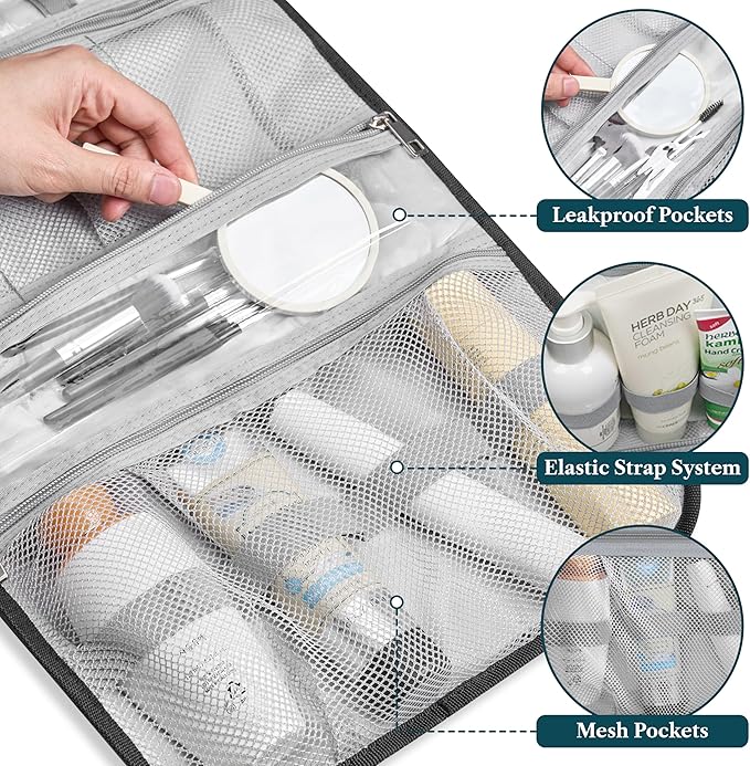 PAVILIA Hanging Toiletry Bag Women Men, Travel Kit Foldable Large Toiletries Organizer, Roll up Cosmetics Makeup Bag Accessories, Waterproof Essentials Jewelry Case (Black)