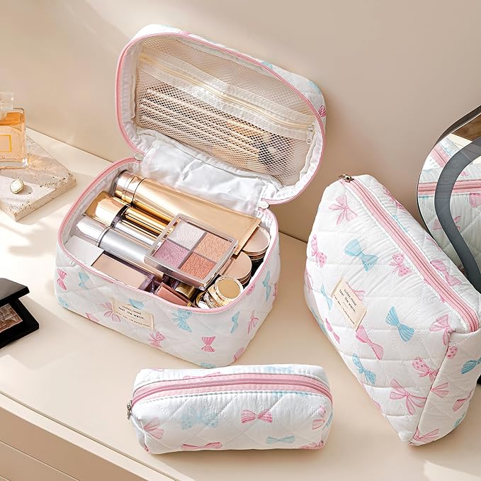 HBselect Quilted Makeup Bag, 3PCS Cotton Large Travel Makeup Bag, Cute Floral Coquette Make up Bag Cosmetic Bag Toiletry Bag for Women Girls
