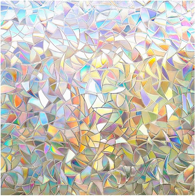 rabbitgoo Window Privacy Film Rainbow Film Decorative Window Sticker, 3D Static Stained Glass Cling Tint for Home Heat Control Non-Adhesive, 35.4 x 157.4 inches