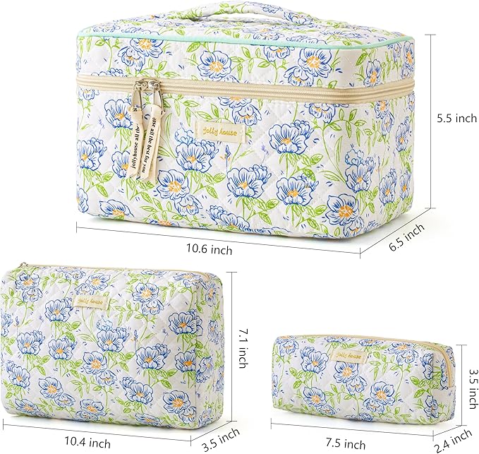 HBselect Quilted Makeup Bag, 3PCS Cotton Large Travel Makeup Bag, Cute Floral Coquette Make up Bag Cosmetic Bag Toiletry Bag for Women Girls