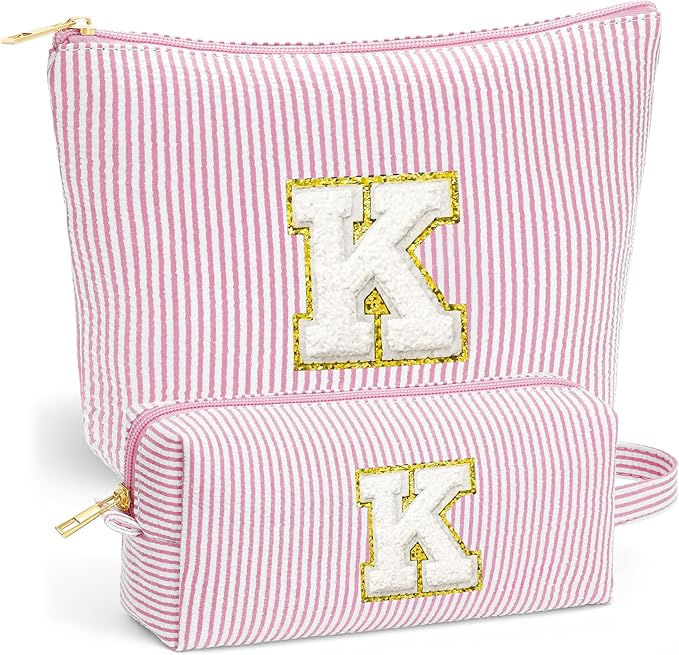 Initial Makeup Bag Set - Cute Pink Stuff for Women, Makeup Pouch Cosmetic Bag, Travel Essentials Toiletry Bag, Birthday Christmas Gifts for Women, Light Pink K