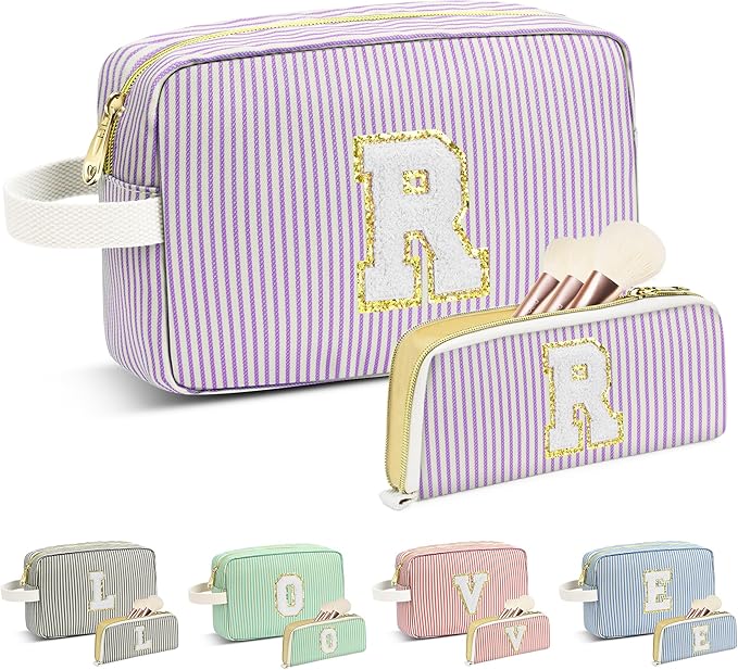 Travel Makeup Bag Christmas Gifts for Women Girl Teens, Personalized Initial Makeup Bag for Cute Teen Girls, Preppy Stuff Toiletry Bag Cosmetic Bag, Teen Girls Gift Trendy Stuff, Letter R
