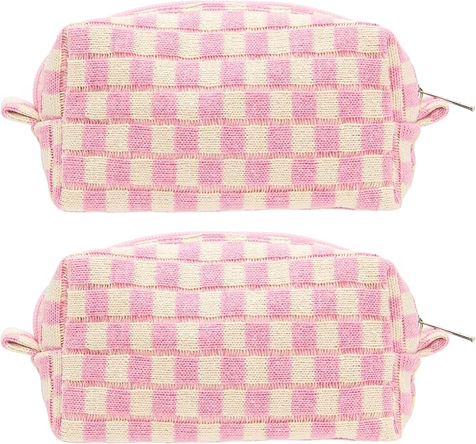 PAZIMIIK 2PCS Checkered Makeup Bag for Purse Portable Zipper Make Up Pouch Small Cosmetic Case for Travel Accessories Pink Beige