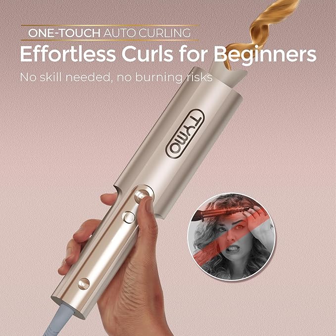 Upgraded Automatic Rotating Curling Iron - TYMO CurlPro Plus Long Barrel Curling Wand for Long Hair, Ceramic Hair Curler for Women, Anti-Scald, Tangle-Free, 600M Ionic, Dual Voltage, Gold, 1 Inch