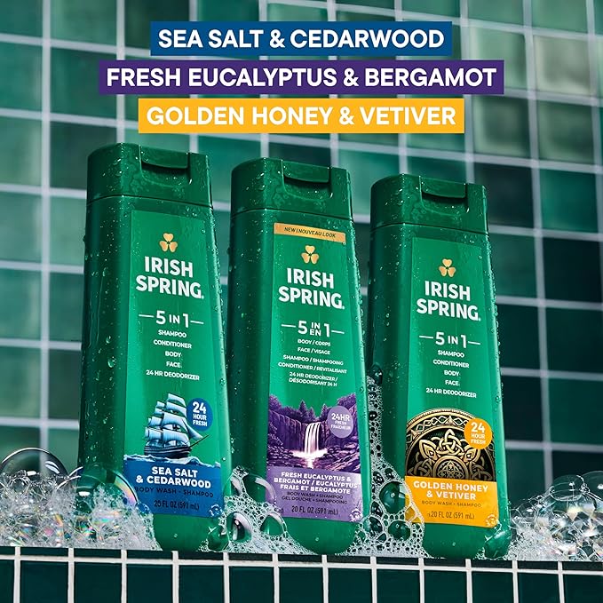 Irish Spring 5 in 1 Body Wash for Men, Men's Body Wash, Smell Fresh and Clean for 24 Hours, Conditions and Cleans Body, Face, and Hair, Made with Biodegradable Ingredients, 30 Oz Pump