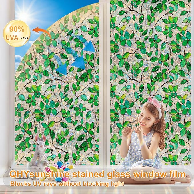 Window Privacy Film Stained Glass Window Film Rainbow Window Film Window clings Non-Adhesive Reusable Decorative for Room(Green Rainbow, 45.2 X 78.7 in)