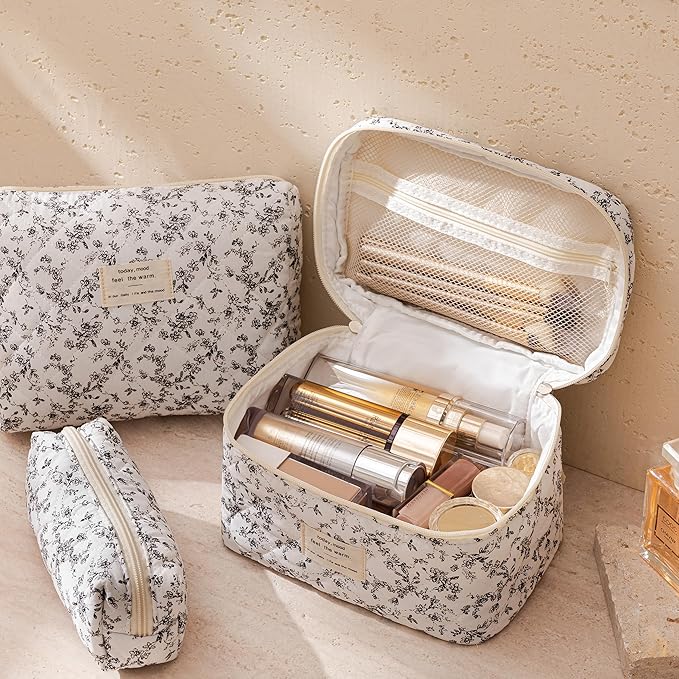 HBselect Quilted Makeup Bag, 3PCS Cotton Large Travel Makeup Bag, Cute Floral Coquette Make up Bag Cosmetic Bag Toiletry Bag for Women Girls