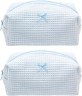 PAZIMIIK 2PCS Cozy Makeup Bag Travel Cosmetic Bag for Women Soft Toiletry Bag Aesthetic Makeup Organizer Portable Large Zipper Pouch for Skincare Beauty Accessories Brushes Waffle Check Blue