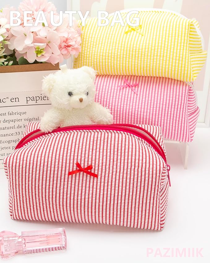 PAZIMIIK 2PCS Cozy Makeup Bag Small Aesthetic Travel Zipper Cosmetic Pouch for Women Make Up Beauty Accessories Brushes, Stripe Red
