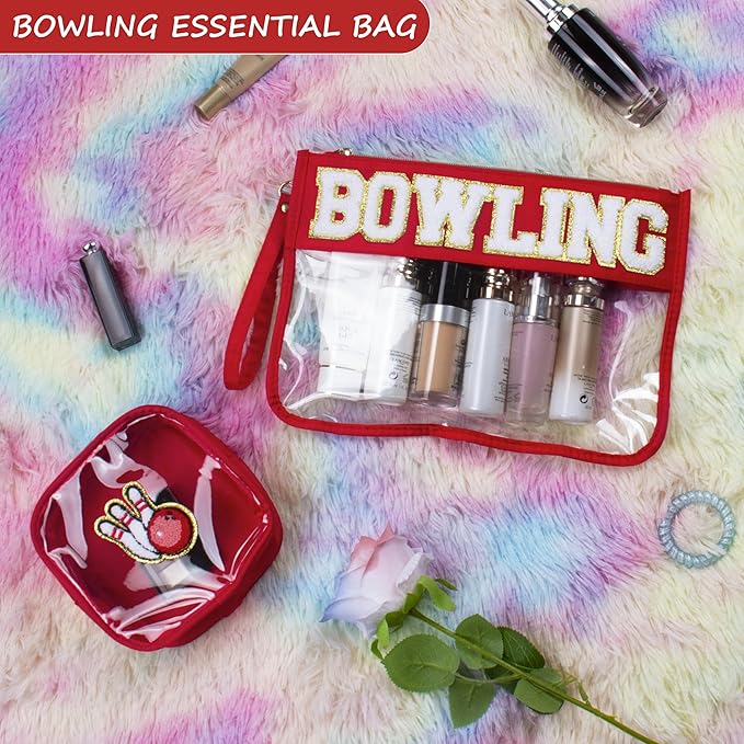 2 Pcs Bowling Gifts Makeup Bag with Chenille Letter Patch, Clear Cosmetic Pouch PVC Organizer Purse, Waterproof Travel Bag, Portable Toiletry Storage Bag for Her Girls Friends Women
