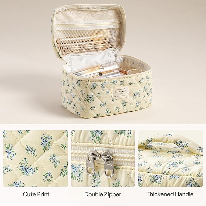 HBselect Quilted Makeup Bag, 3PCS Cotton Large Travel Makeup Bag, Cute Floral Coquette Make up Bag Cosmetic Bag Toiletry Bag for Women Girls
